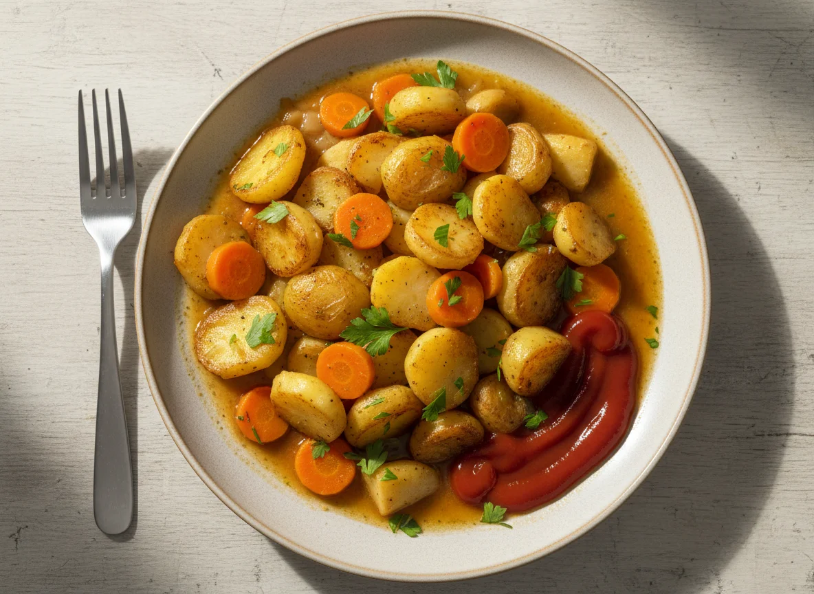 Bratkartoffeln mit Wurzelgemüse und Ketchup photo