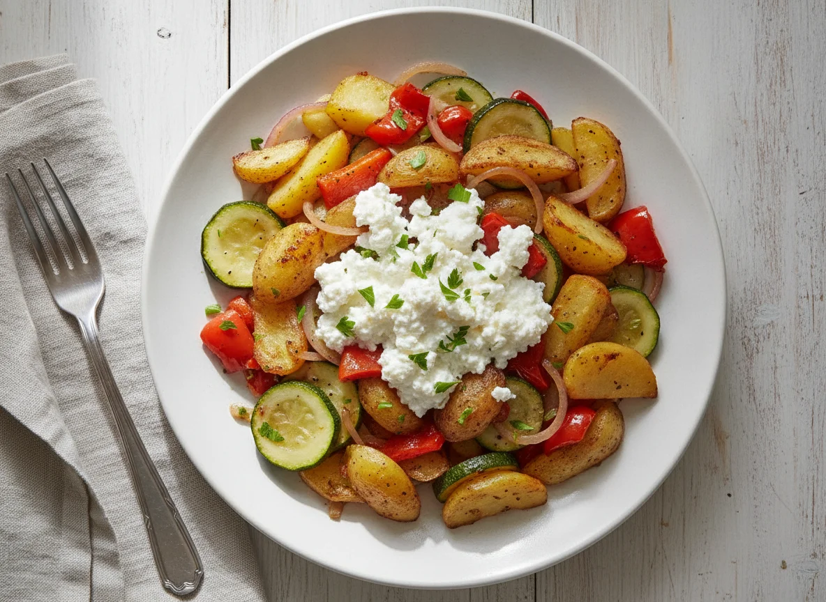 Bratkartoffeln mit Zucchini, Paprika und Hüttenkäse photo