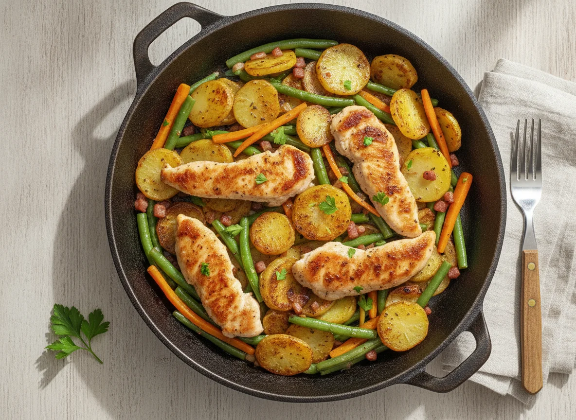 Bratkartoffel-Pfanne mit Hähnchen und Gemüse photo