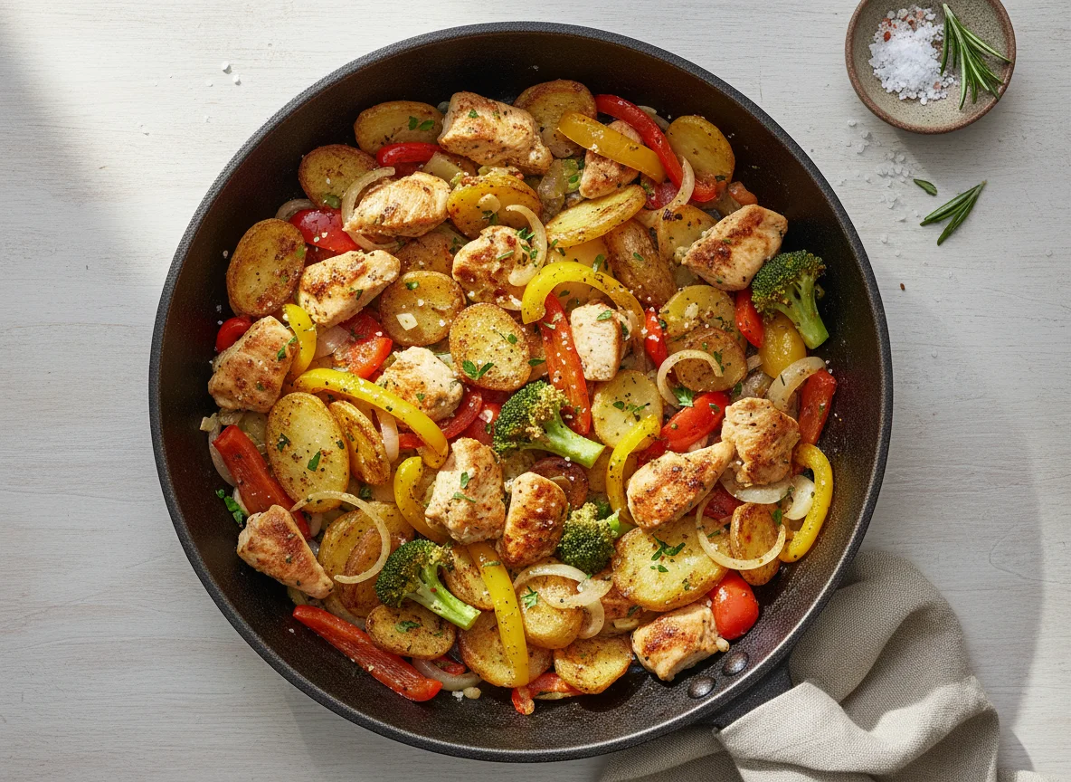 Bratkartoffelpfanne mit Hähnchenbrust, Paprika und Brokkoli photo