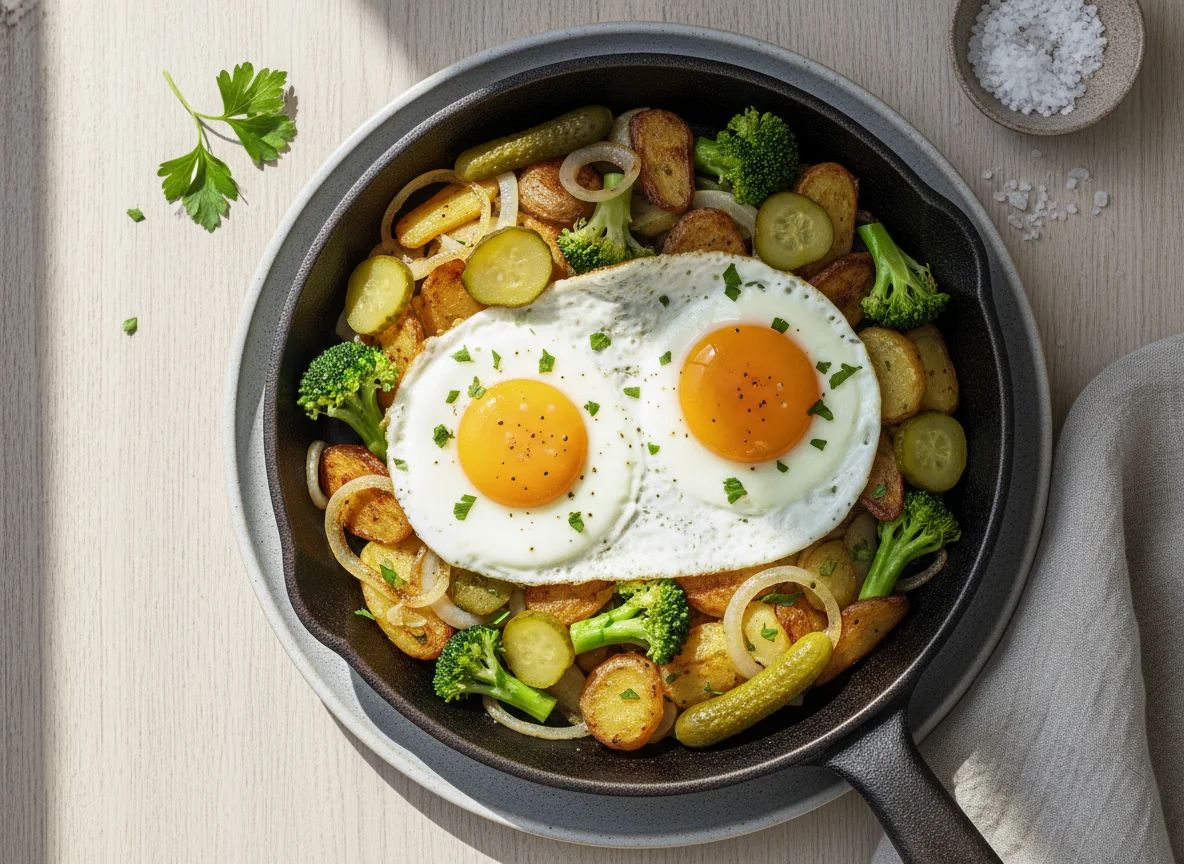Bratkartoffel-Pfanne mit Spiegelei, Brokkoli und Gewürzgurken photo