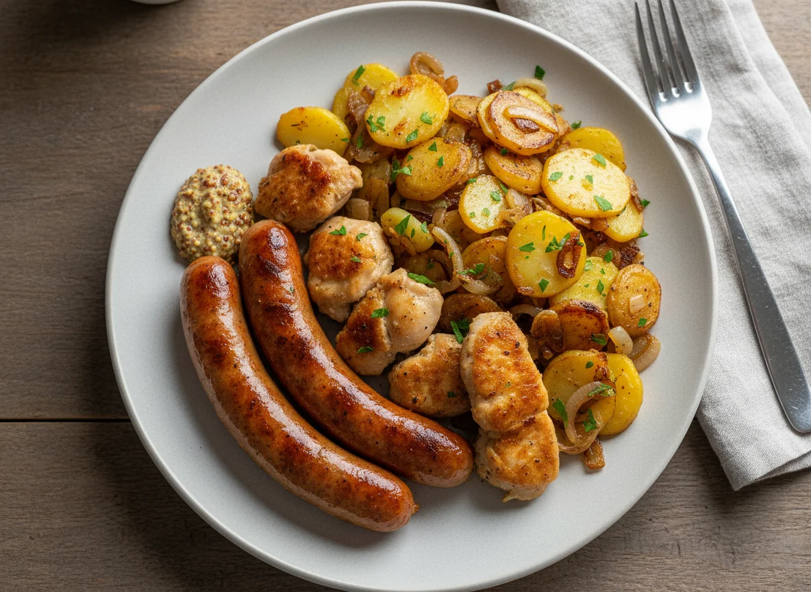 Bratwurst, Hähnchen und Bratkartoffeln photo