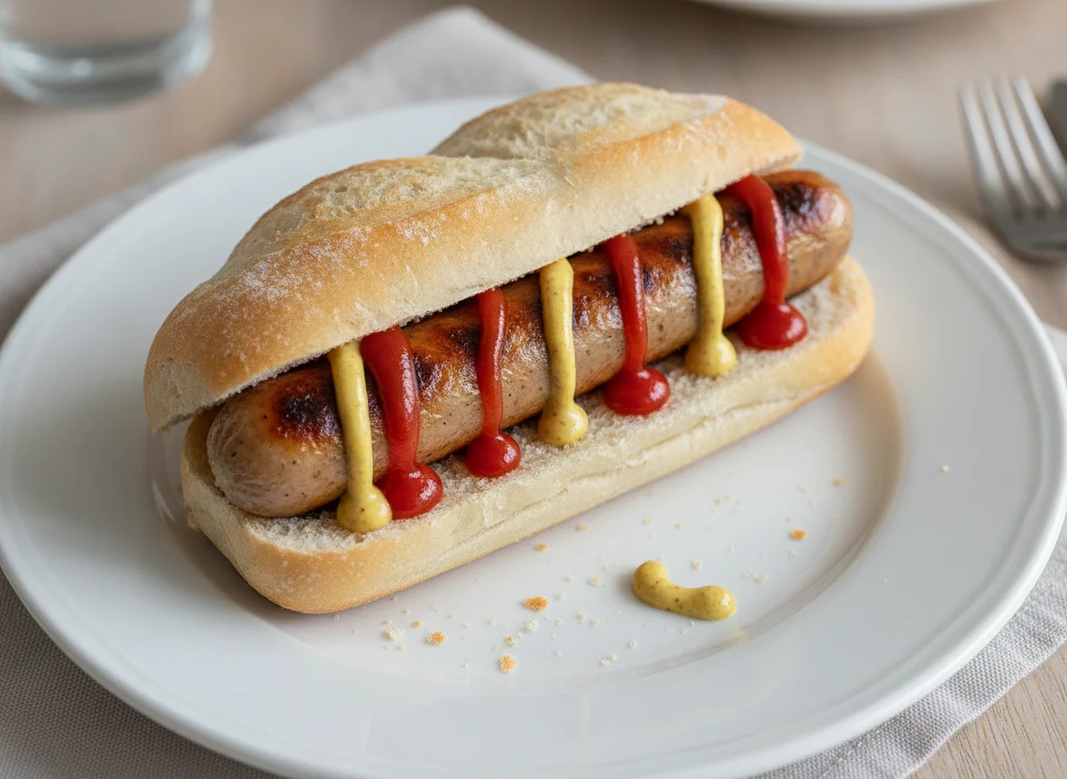 Bratwurst im Brötchen mit Ketchup und Senf photo
