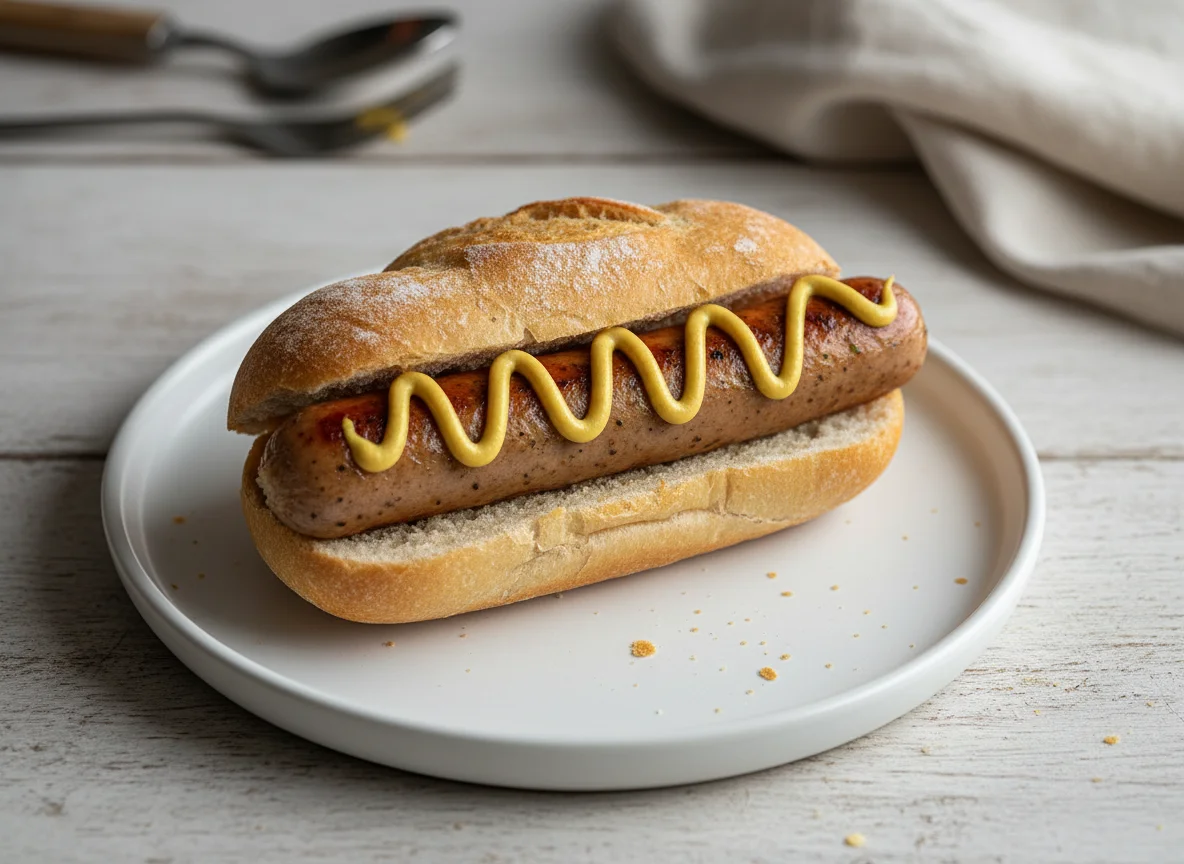 Bratwurst im Brötchen mit Senf photo