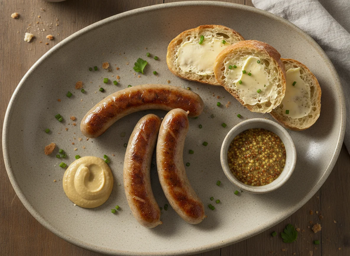 Bratwurst mit Baguette und Senf photo