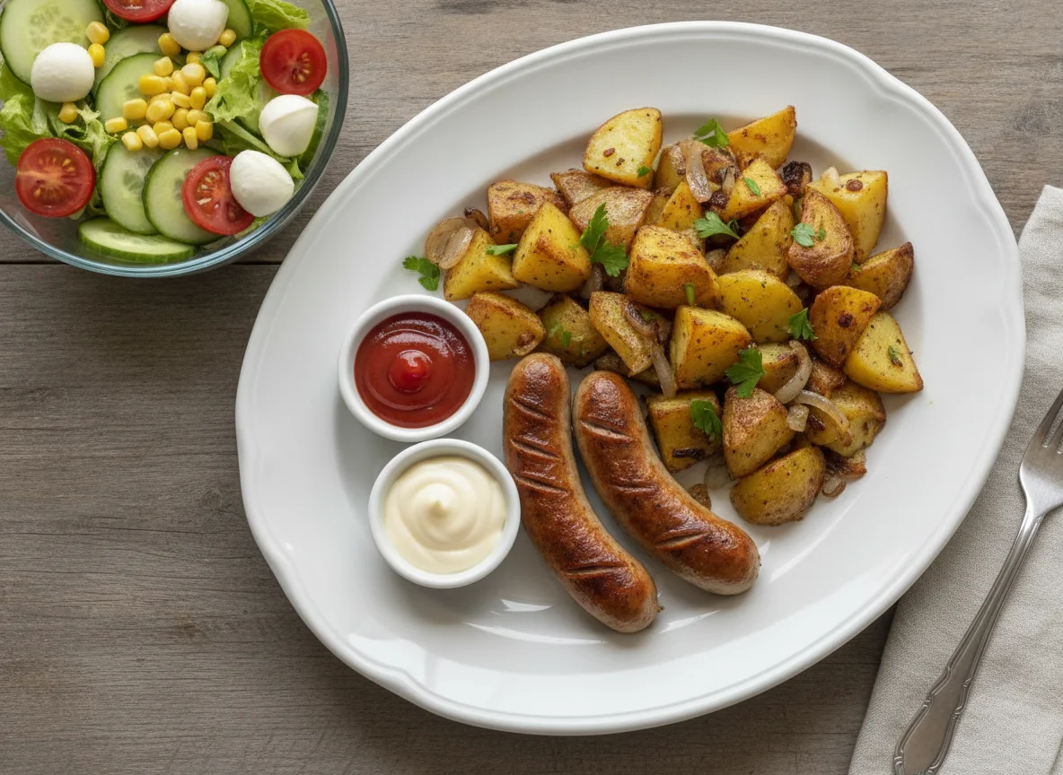 Bratwurst mit Bratkartoffeln und gemischtem Salat photo