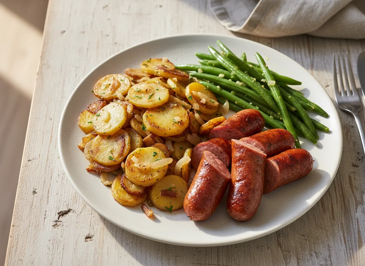 Bratwurst mit Bratkartoffeln und grünen Bohnen photo