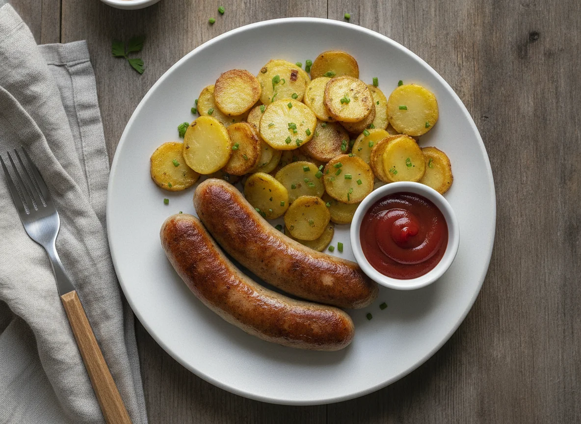 Bratwurst mit Bratkartoffeln und Ketchup photo