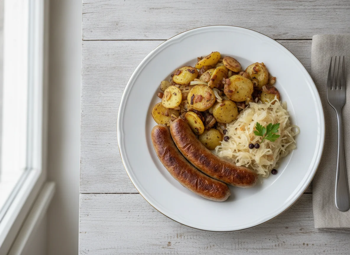 Bratwurst mit Bratkartoffeln und Sauerkraut photo