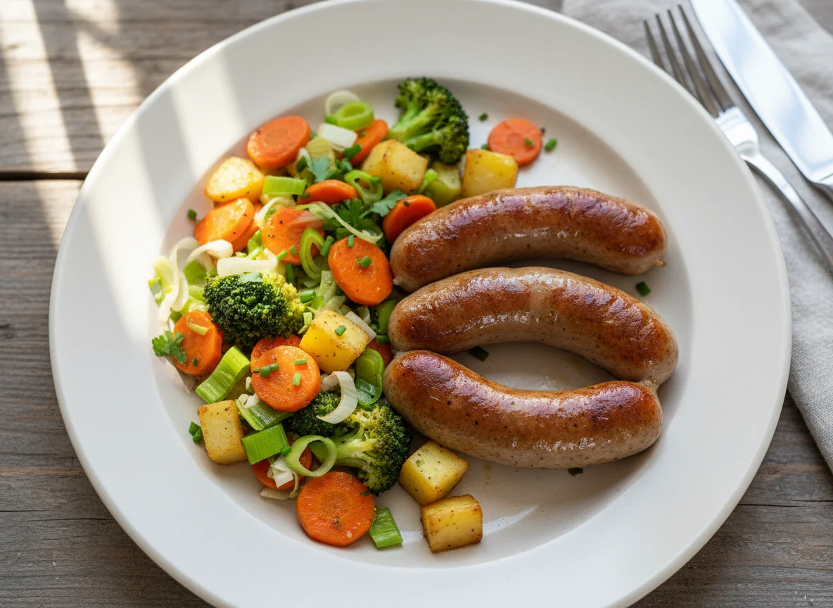 Bratwurst mit Brokkoli und Gemüsepfanne photo