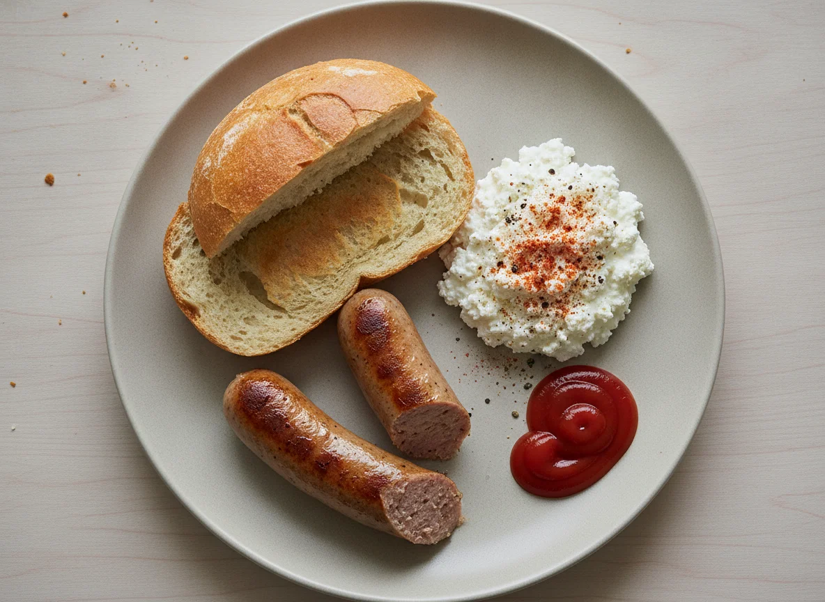 Bratwurst mit Brötchen und Hüttenkäse photo