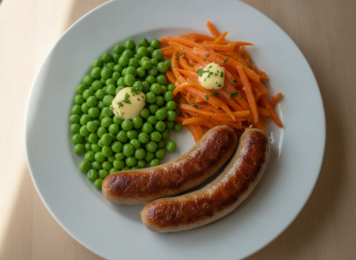 Bratwurst mit Erbsen und Möhren photo
