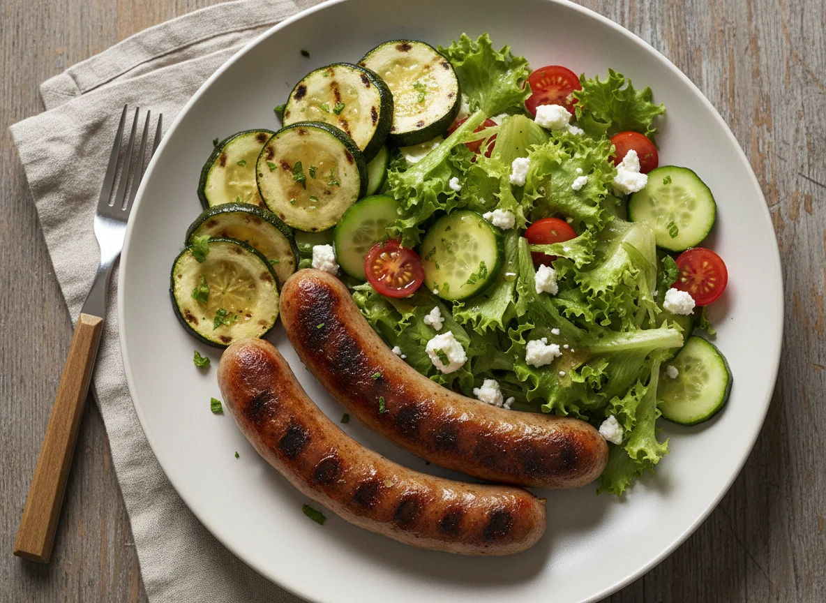 Bratwurst mit gegrillter Zucchini und Salat photo
