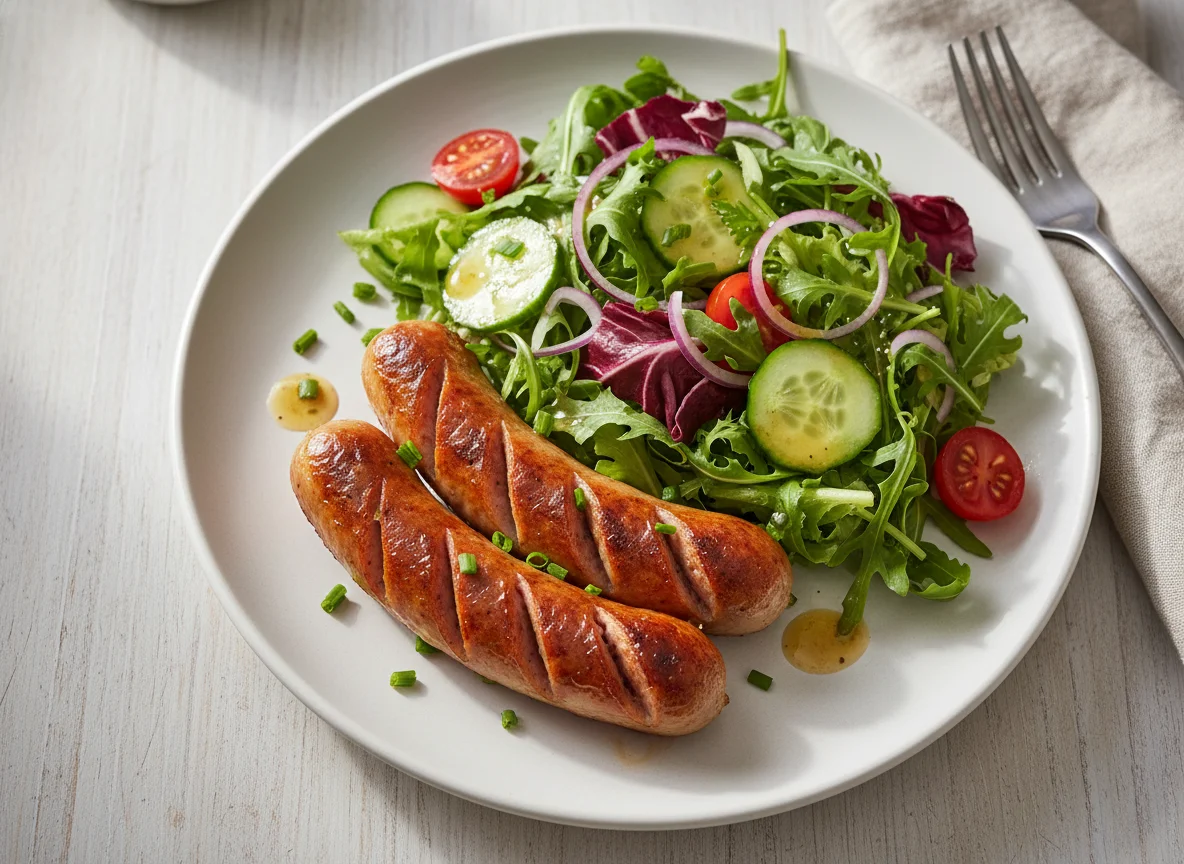 Bratwurst mit gemischtem Salat photo