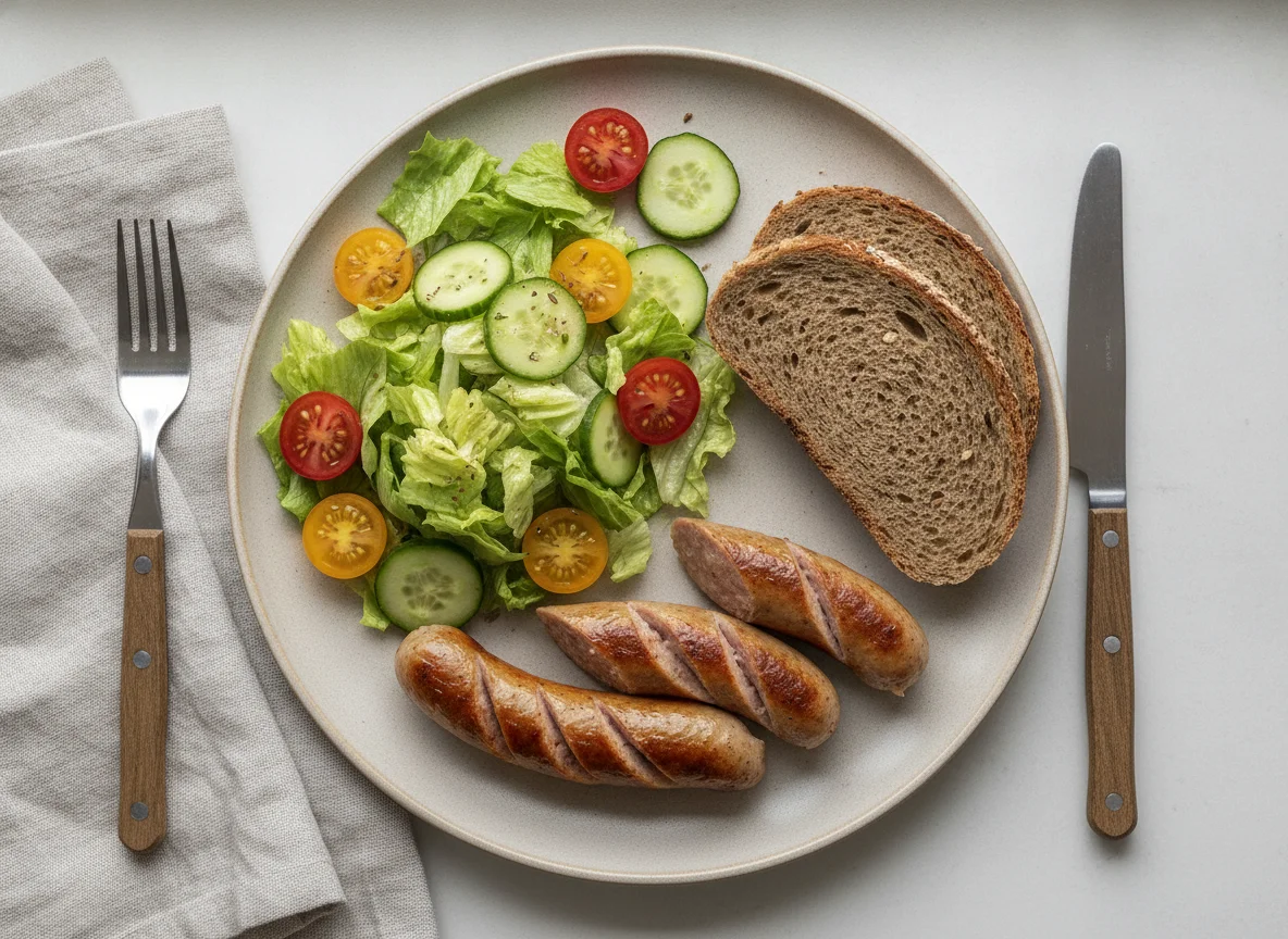 Bratwurst mit gemischtem Salat und Brot photo