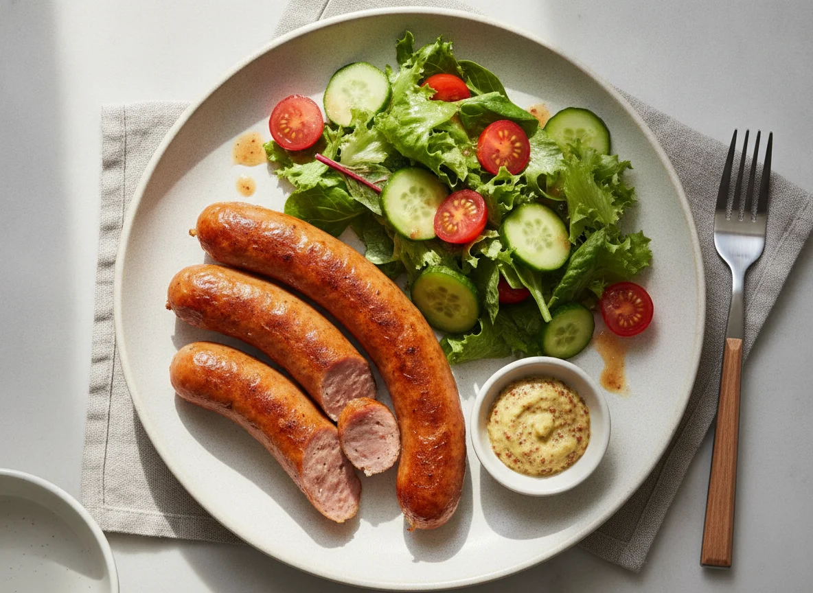 Bratwurst mit gemischtem Salat und Senf photo