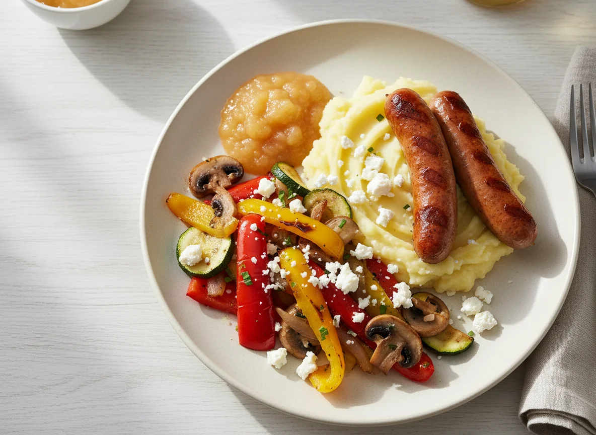 Bratwurst mit Kartoffelbrei, Apfelmus und gebratenem Gemüse photo