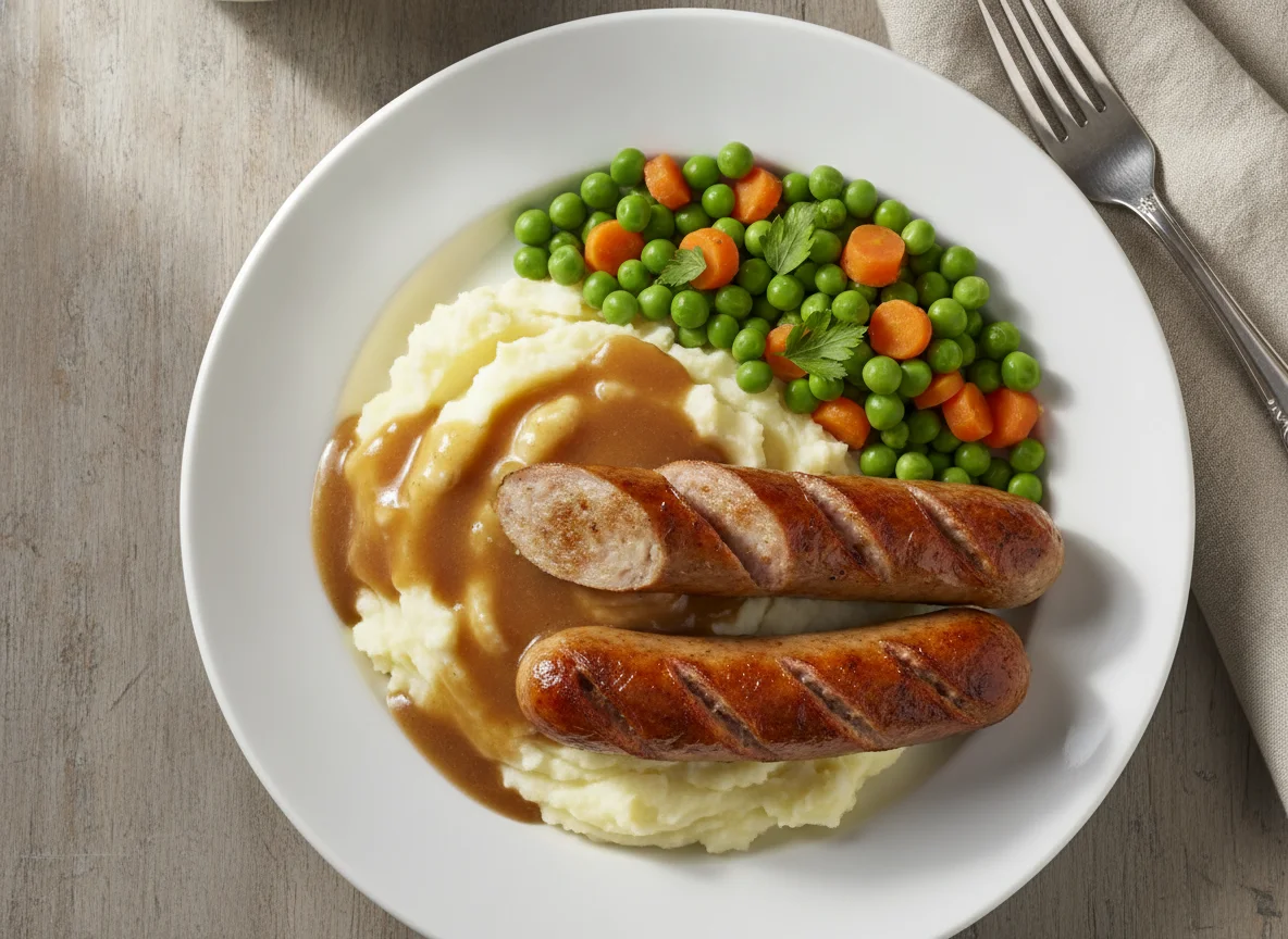 Bratwurst mit Kartoffelbrei, Erbsen und Möhren photo