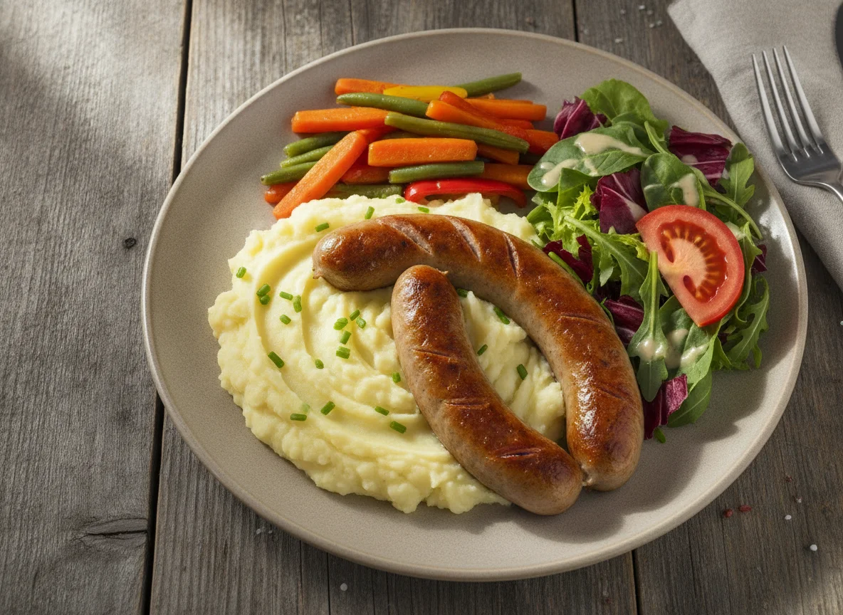 Bratwurst mit Kartoffelbrei, Gemüse und Salat photo