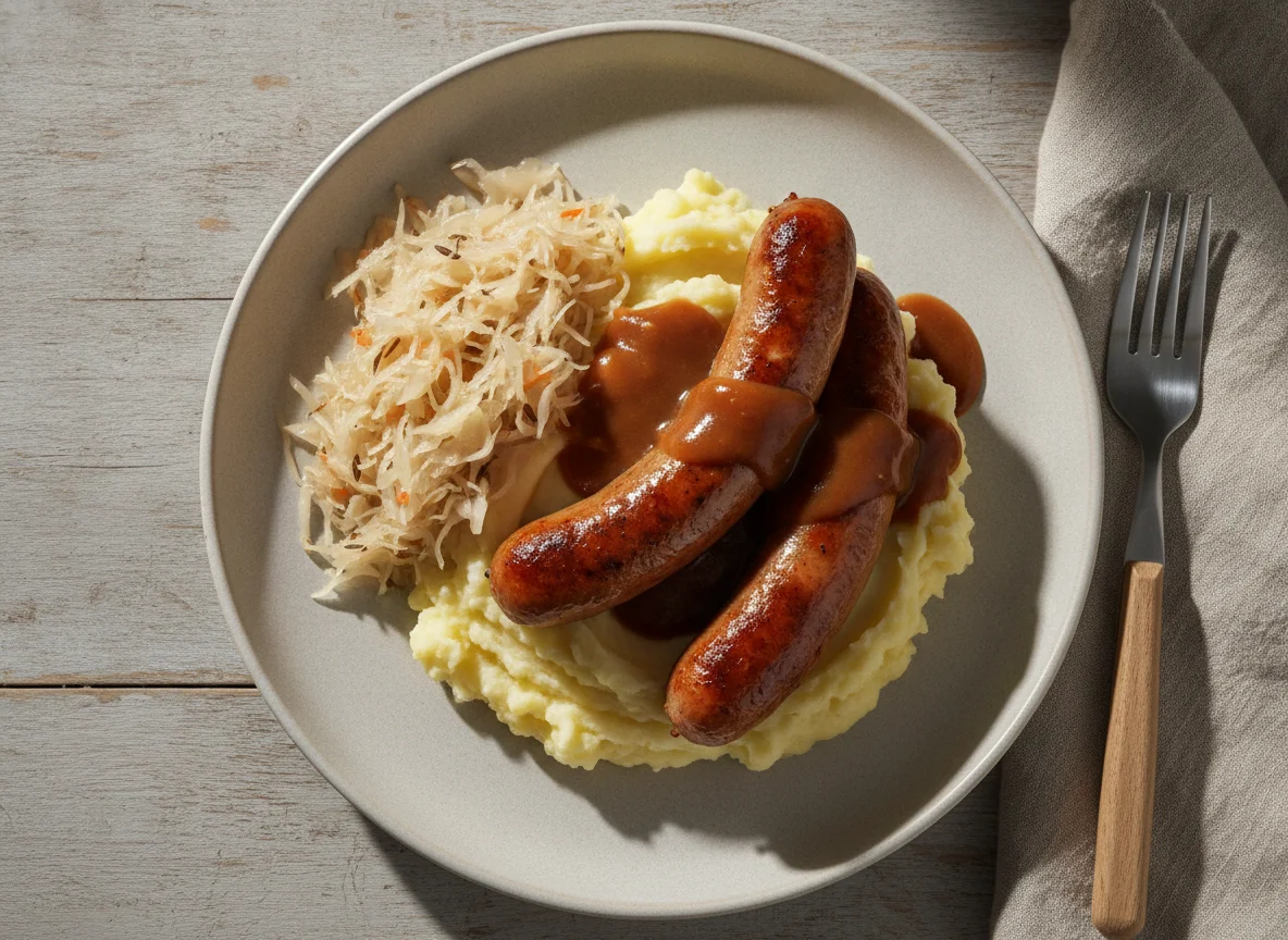Bratwurst mit Kartoffelbrei, Sauerkraut und Bratensoße photo