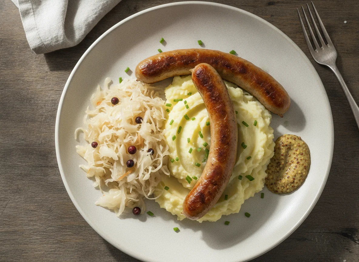 Bratwurst mit Kartoffelbrei, Sauerkraut und Senf photo