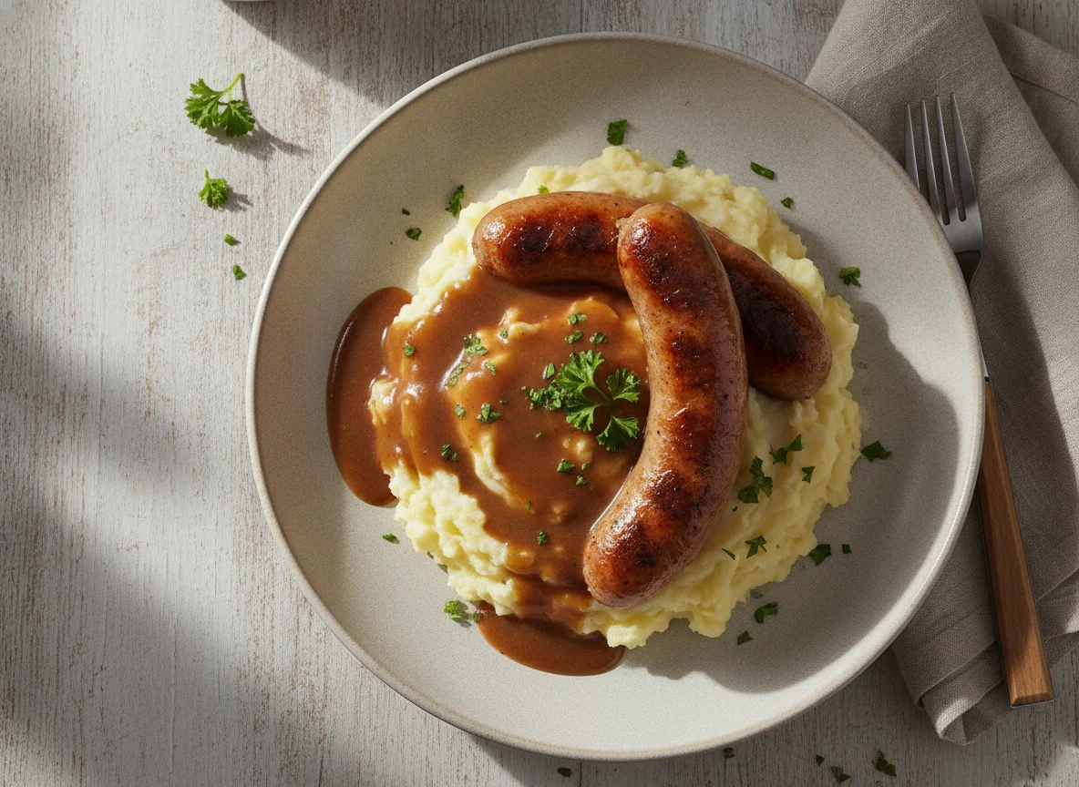 Bratwurst mit Kartoffelbrei und Bratensoße photo
