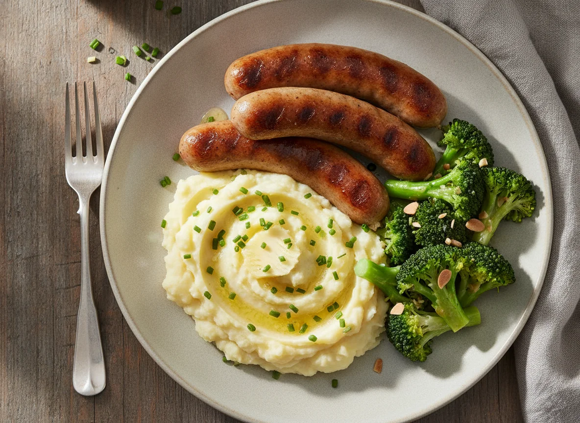 Bratwurst mit Kartoffelbrei und Brokkoli photo