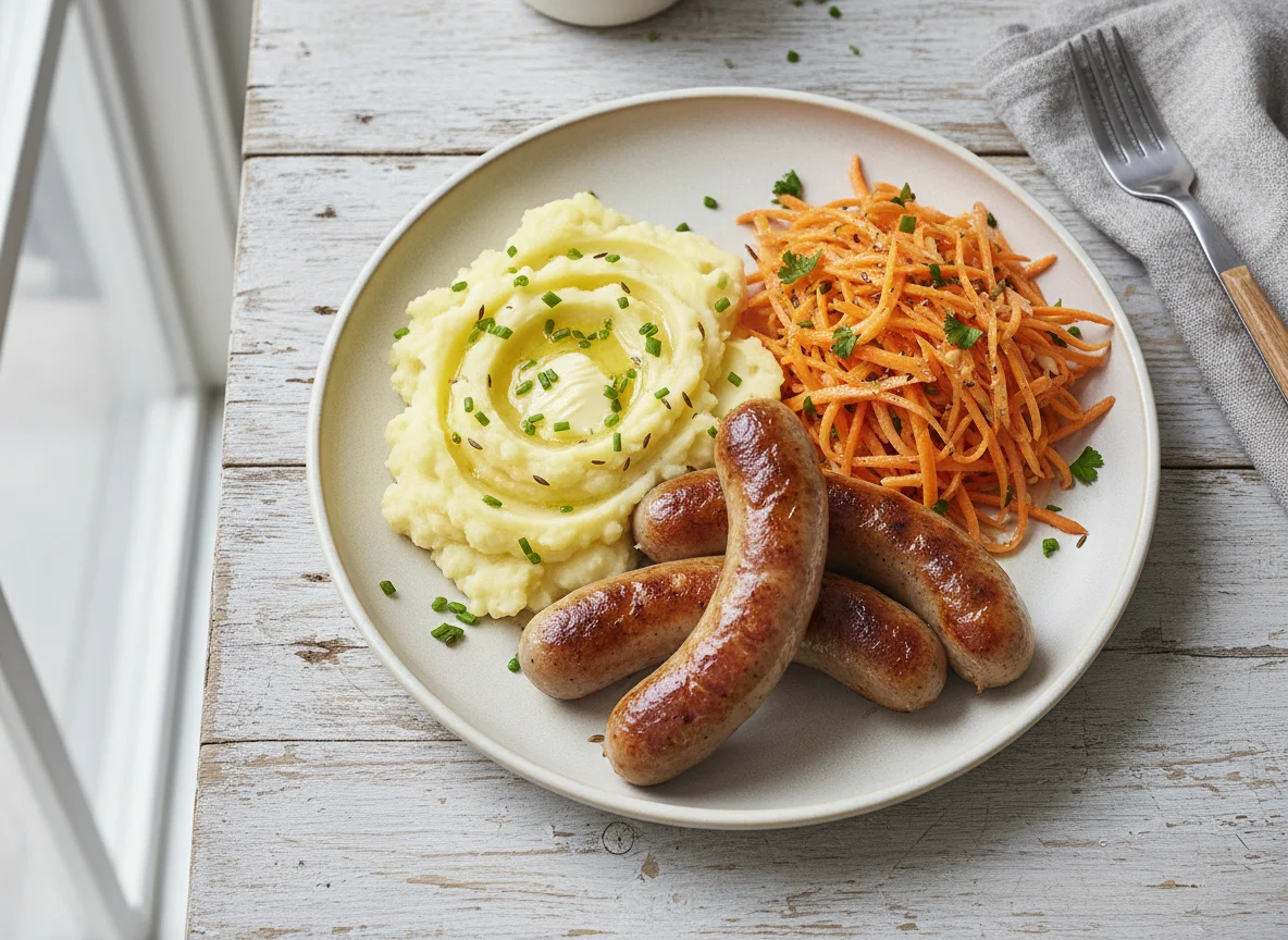 Bratwurst mit Kartoffelbrei und Karottensalat photo