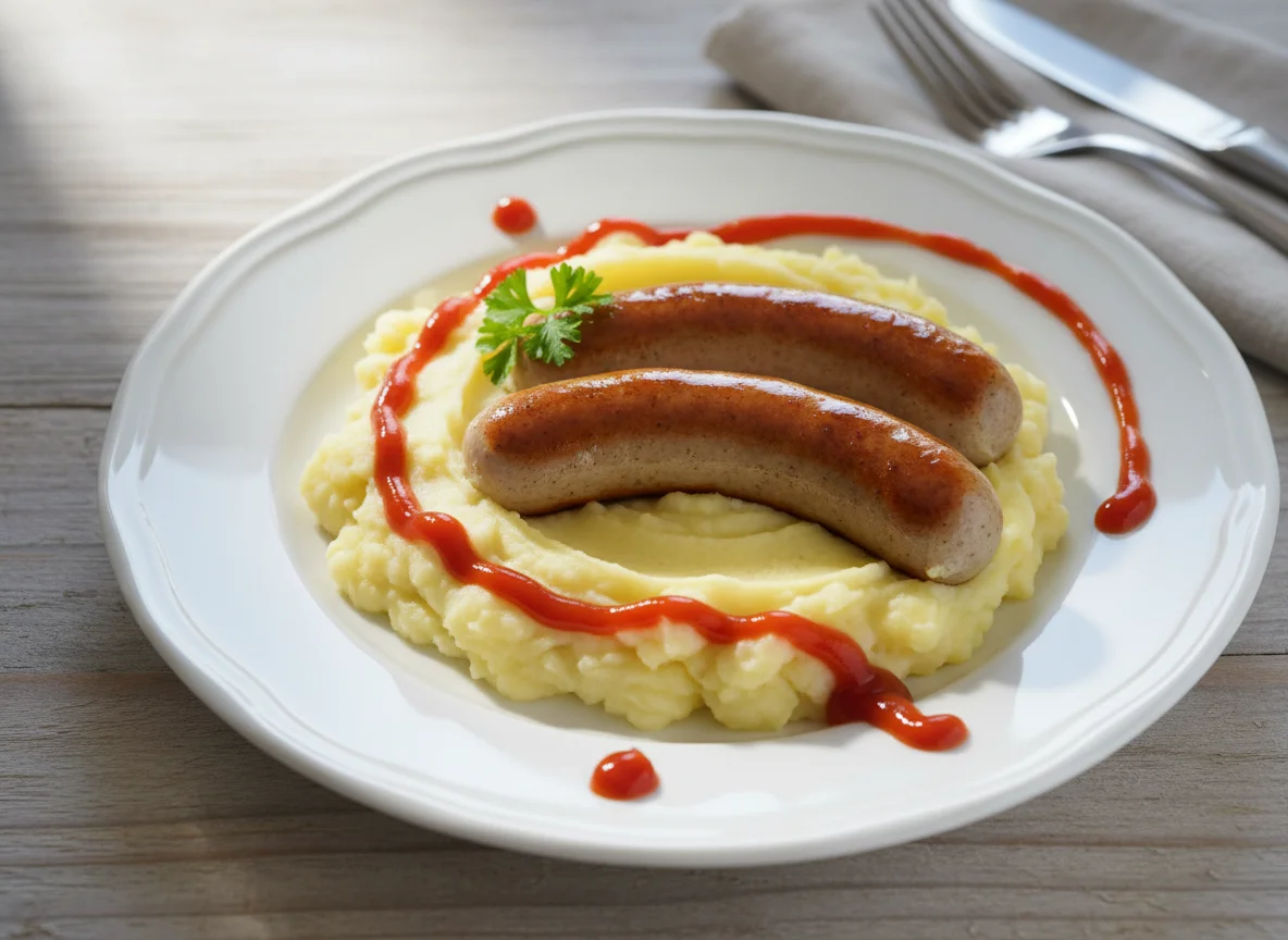 Bratwurst mit Kartoffelbrei und Ketchup photo