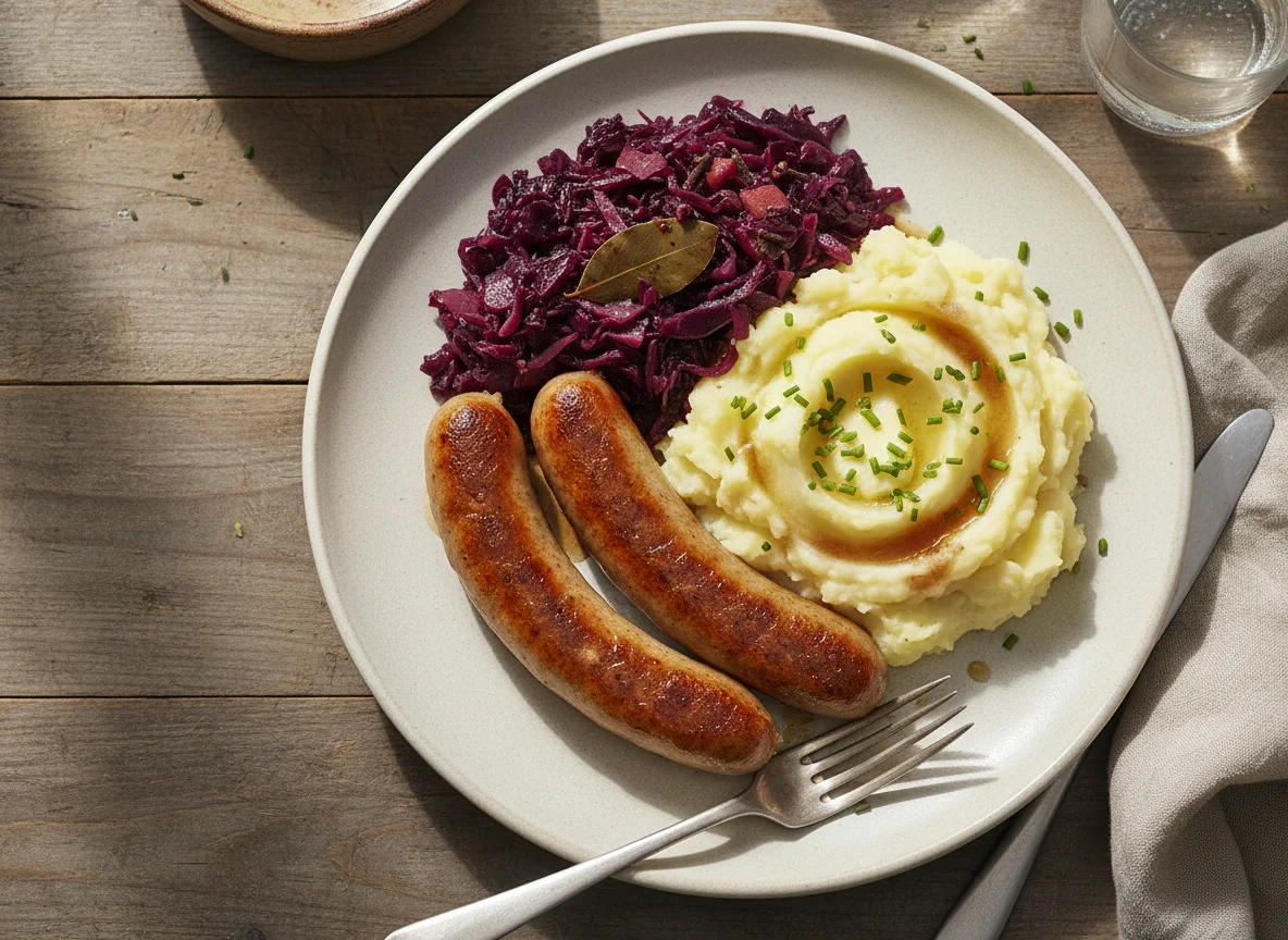 Bratwurst mit Kartoffelbrei und Rotkohl photo