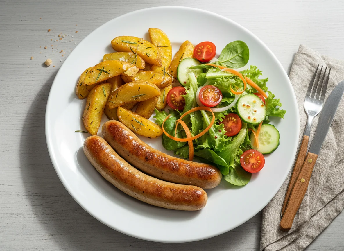Bratwurst mit Kartoffelecken und Salat photo