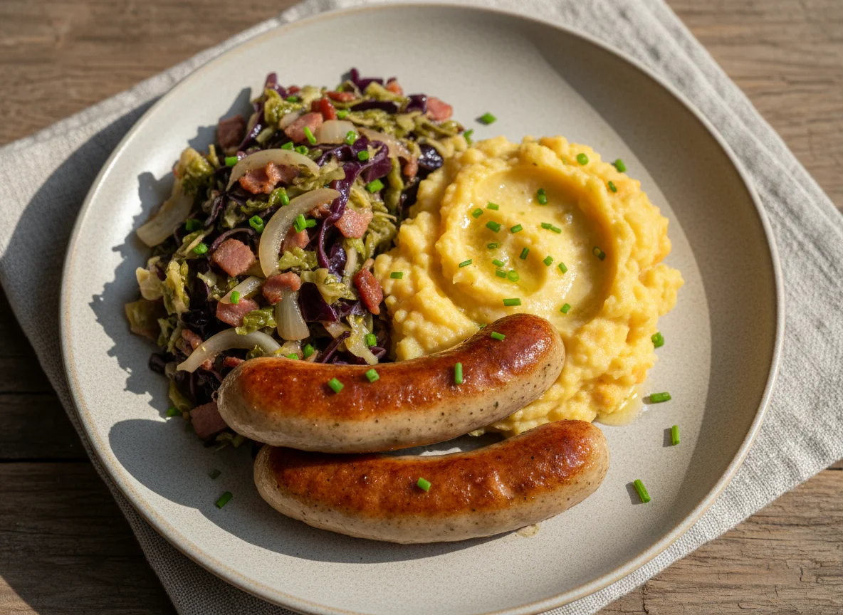 Bratwurst mit Kartoffel-Karotten-Püree und Kohl-Speck-Gemüse photo