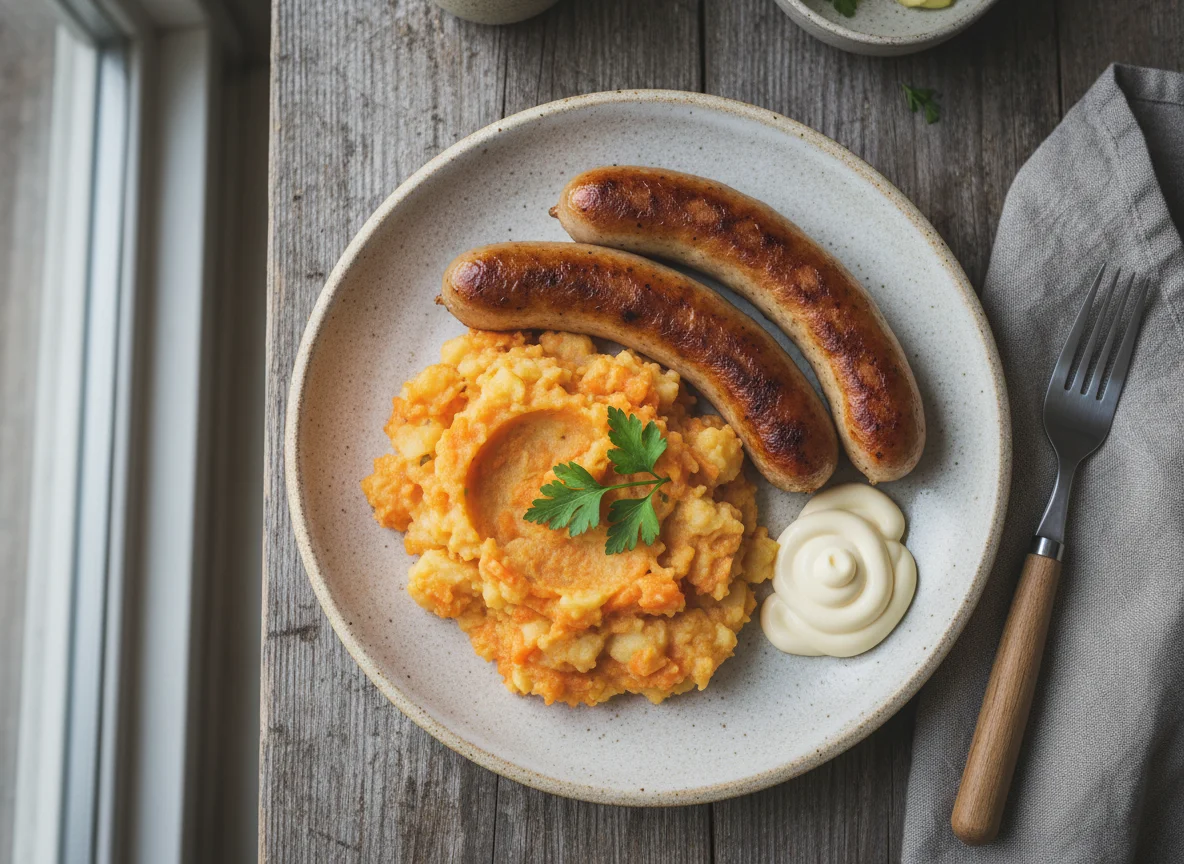 Bratwurst mit Kartoffel-Karotten-Püree und Mayonnaise photo