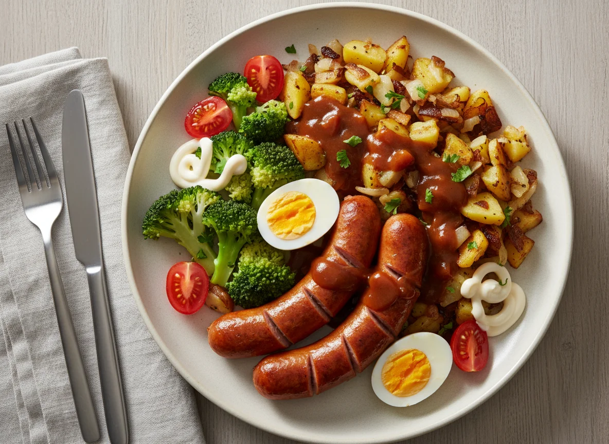 Bratwurst mit Kartoffeln, Brokkoli und Ei photo