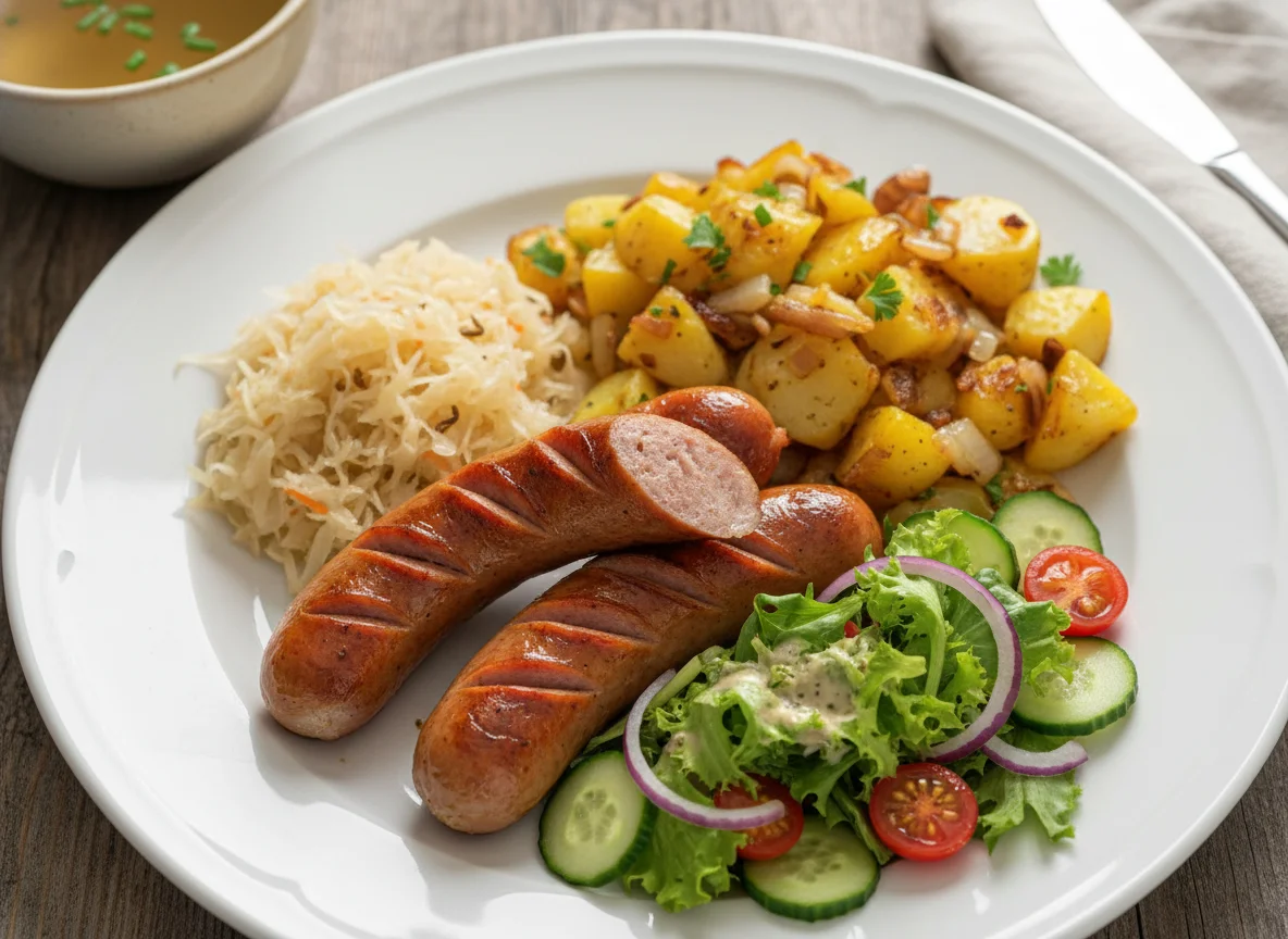 Bratwurst mit Kartoffeln, Sauerkraut und Salat photo