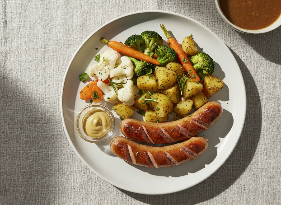 Bratwurst mit Kartoffeln und Gemüse photo