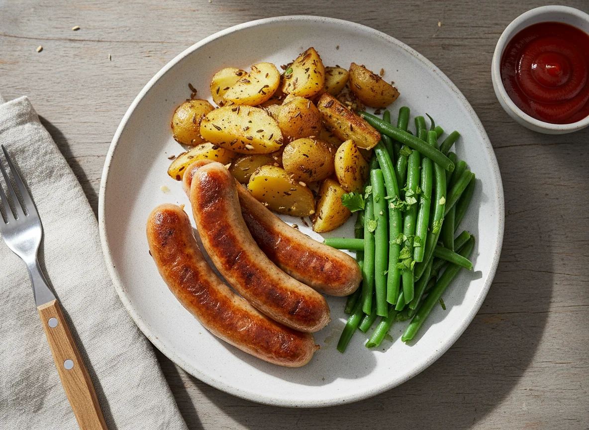 Bratwurst mit Kartoffeln und grünen Bohnen photo