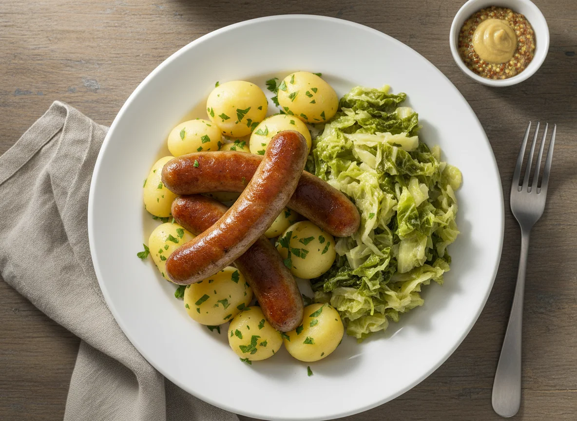 Bratwurst mit Kartoffeln und Rahmwirsing photo
