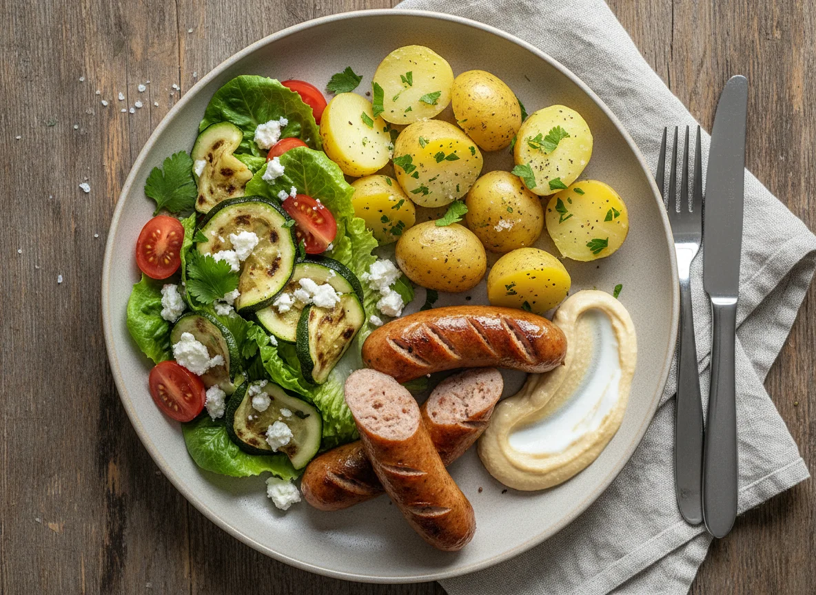 Bratwurst mit Kartoffeln und Salat photo