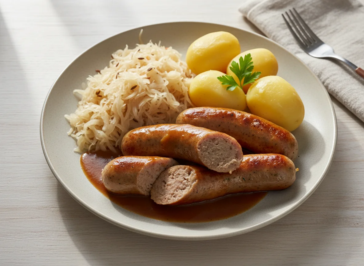 Bratwurst mit Kartoffeln und Sauerkraut photo