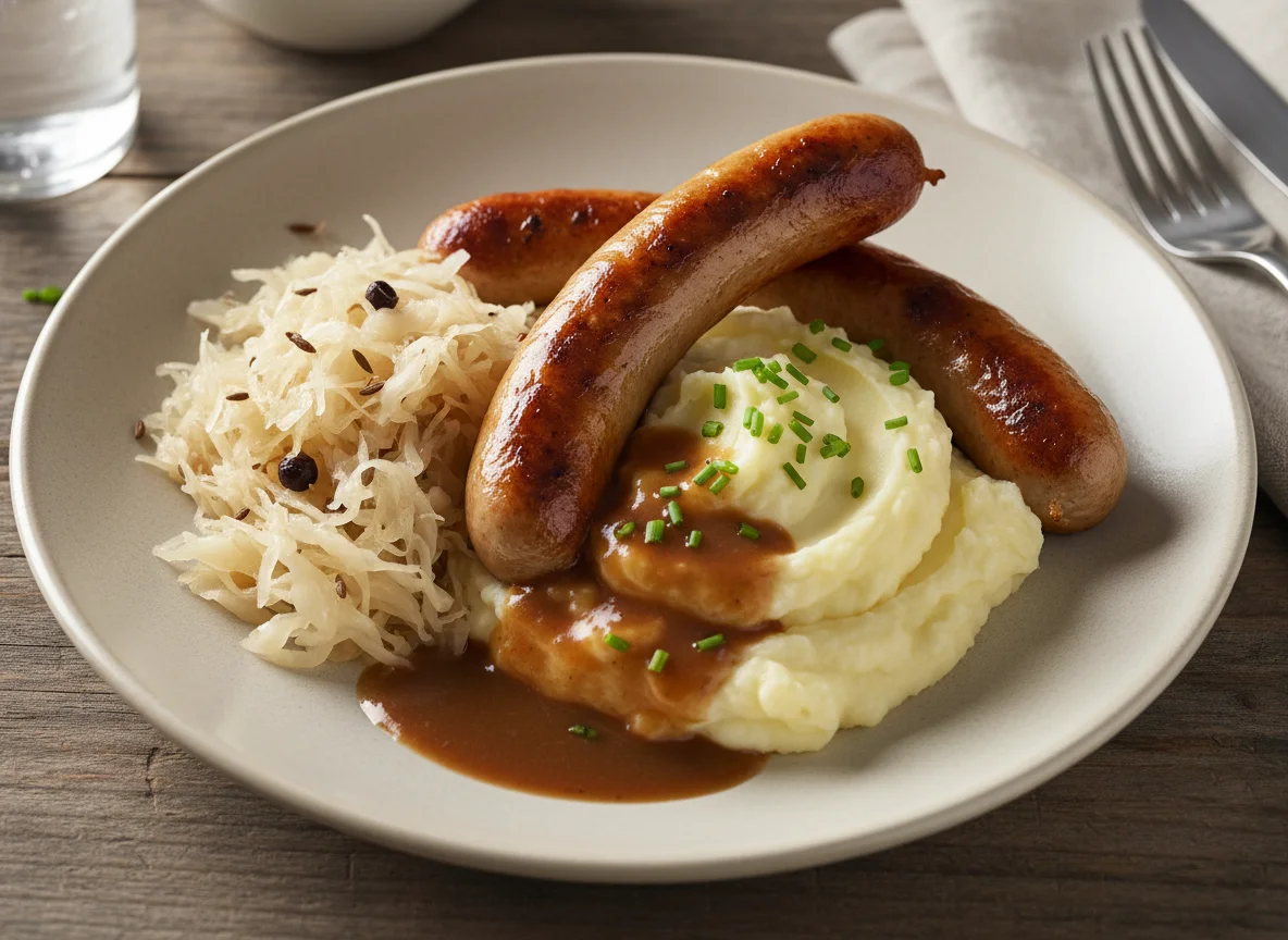 Bratwurst mit Kartoffelpüree, Sauerkraut und Bratensoße photo