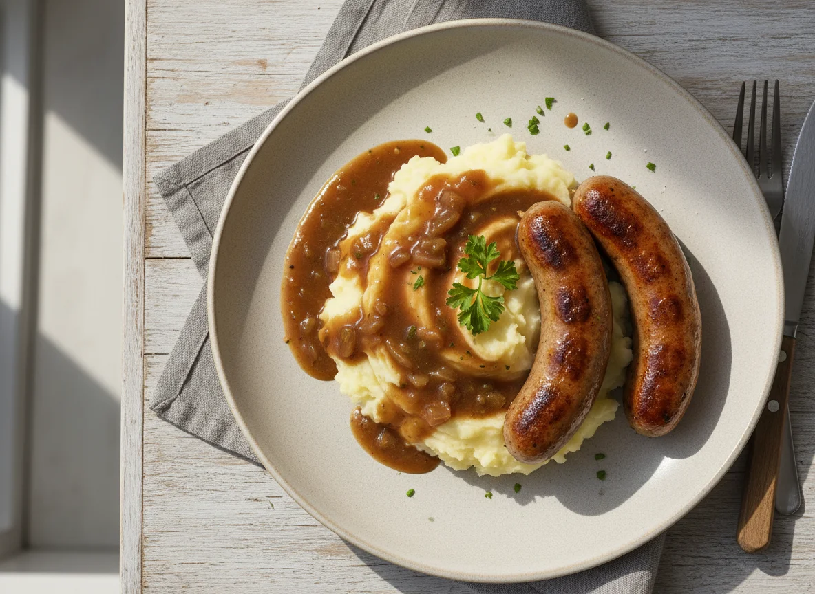 Bratwurst mit Kartoffelpüree und Bratensoße photo