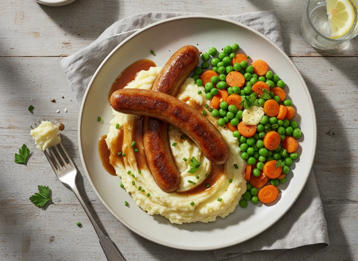 Bratwurst mit Kartoffelpüree und Erbsen-Karotten-Gemüse photo