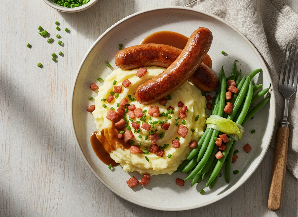 Bratwurst mit Kartoffelpüree und grünen Bohnen photo