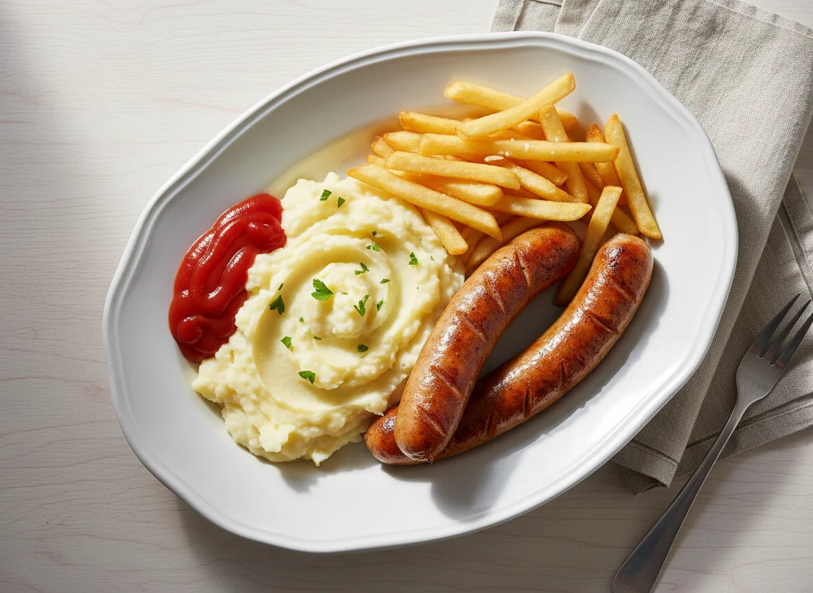 Bratwurst mit Kartoffelpüree und Ketchup photo