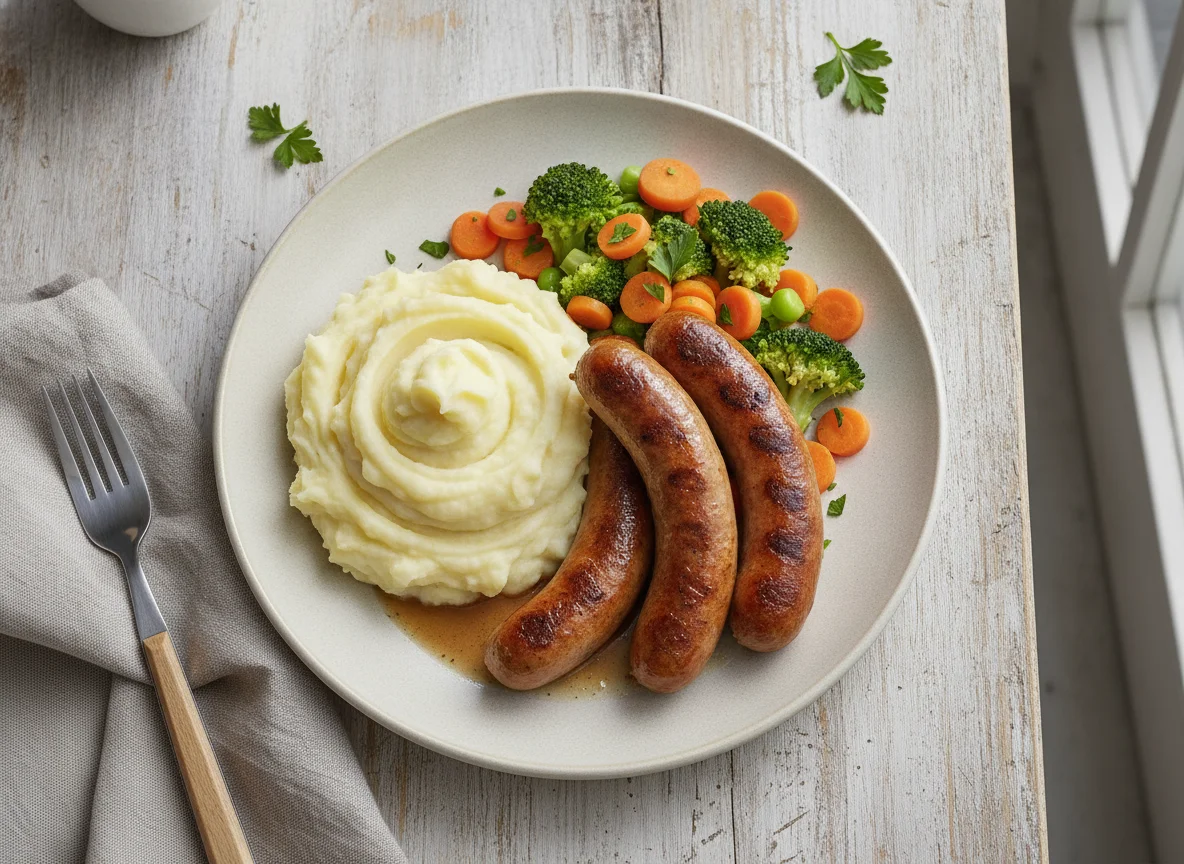 Bratwurst mit Kartoffelpüree und Mischgemüse photo