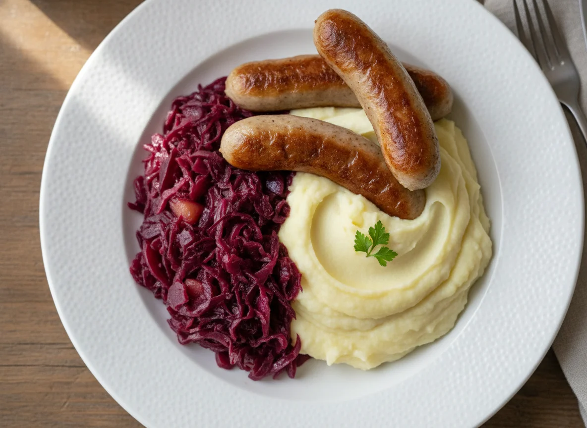 Bratwurst mit Kartoffelpüree und Rotkohl photo