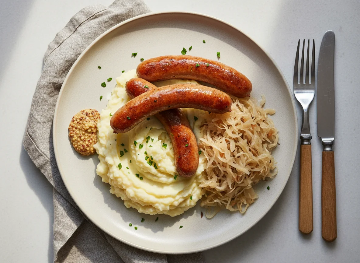 Bratwurst mit Kartoffelpüree und Sauerkraut photo