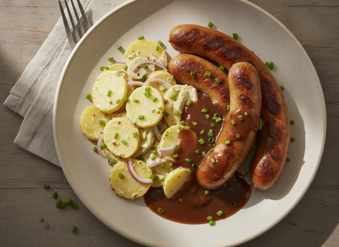 Bratwurst mit Kartoffelsalat und Bratensoße photo