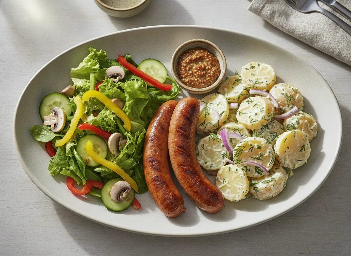 Bratwurst mit Kartoffelsalat und gemischtem Salat photo